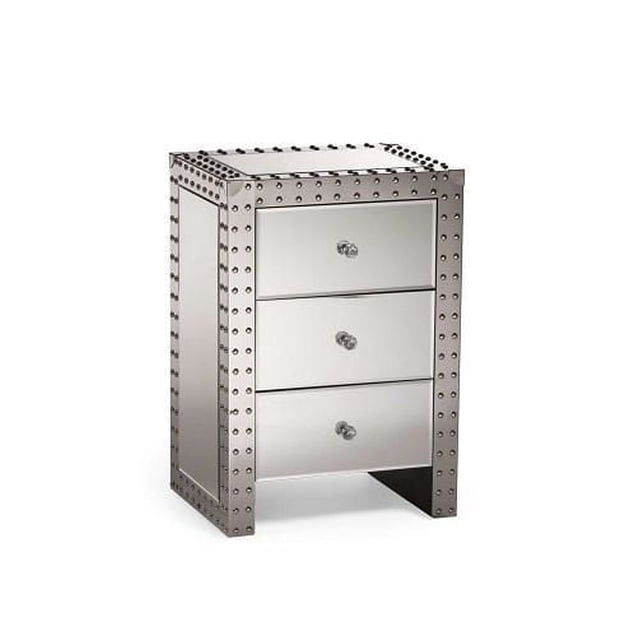 Plata Décor Import table de Nuit Miroir Argentée avec Trois Tiroirs Miroir et un Cadre en Métal Riveté Argent, Mesurant 26 Pouces de Haut, 14 Pouces de long et 18 Pouces de Large, Conçue pour le Rangement des Meubles de Chambre et Souvent Utilisée comme table de Chevet Élégante.