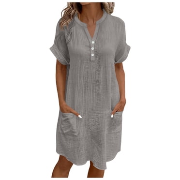 Robes Mi-Longues Basiques Grises pour Femmes Longueur Genou pour Femmes Manches Courtes Col en V Été Automne à Boutons 2025 Vêtements Mode TG