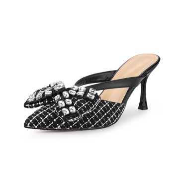 BLISSFUL STEP Chaussures pour Femmes Bout Pointu Mules à Talons Aiguilles Scintillantes avec Nœud en Strass Noir 7
