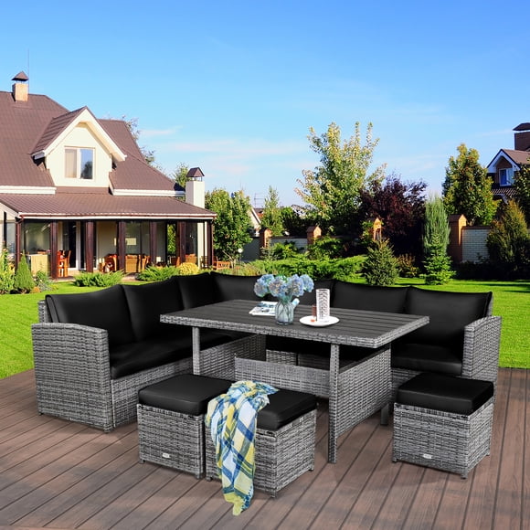 Costway Ensemble de Salle à Manger en Rotin pour Patio 7 Pcs Canapé Sectionnel Sofa Ottoman Jardin Noir