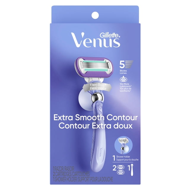 Venus Extra Smooth Contour Women's Razor with reusable lavender handle featuring embossed floral design, 5-blade razor head with lubricating strip, FlexiBall pivoting handle, two blade refills, and a shower holder on purple packaging.