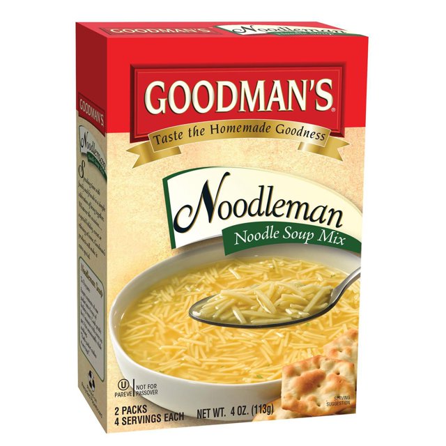 Goodman's Boîte de Mélange pour Soupe Noodleman avec Emballage Rouge et beige Montrant un Bol de Soupe de Nouilles Transparente avec des Nouilles aux Oeufs Fines Enrichies et une Cuillère pour Relever les Nouilles, Accompagnée de Craquelins comme suggestion de Service, Poids net de 4 Onces (113 g), Idéal pour une Préparation de Soupe Instantanée Rapide et le Rangement des Aliments du Garde-Manger.