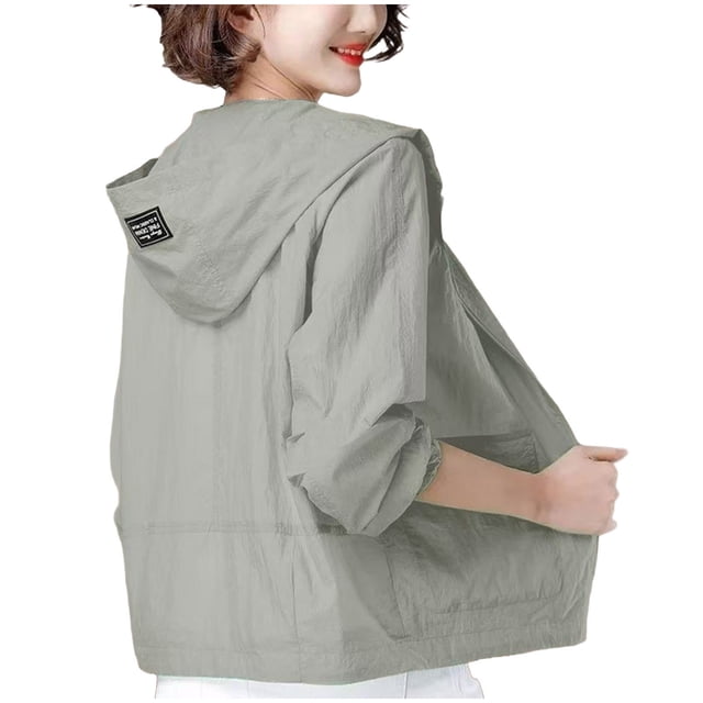 TACILIP Vestes Courtes de Protection Solaire pour Femmes Grande Taille à Fermeture Éclair, Chandail à Capuchon à Manches Longues, Vestes d'Automne, Manteau Décontracté et Tendance, Vestes d'Extérieur avec Poches, Vêtements d'Automne pour Femmes