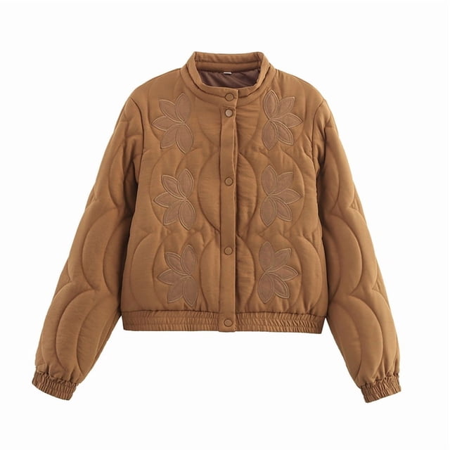Female Floral Embroidered Cropped Quilted Jacket Winter Warm Button Down Puffer Jacket Coat with Pockets Brown L