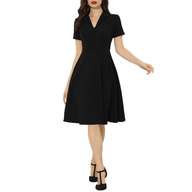 INSPIRE CHIC Robes Vintage pour Femmes 2024 Col Plat Manches Courtes Robe Évasée S Noir
