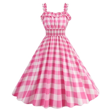 Wiyuqeen Vintage Pink Gingham Dresses for Women Vintage 1950s Cocktail Party Swing Dresses Retro Smocked Spaghetti Strap Pink Plaid Dresses
