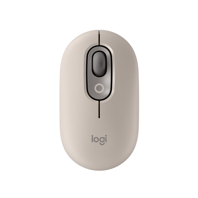 Logitech POP Mouse in beige with a top-down centered view showing its compact oval shape, black scroll wheel with emoji button, and gray 'logi' logo, designed as a wireless Bluetooth mouse suitable for multitasking across multiple devices.
