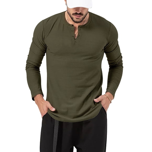 UKAP Mens T-Shirts Crew Neck Henley Shirt Long Sleeve Tops Casual Blouse ArmyGreen M