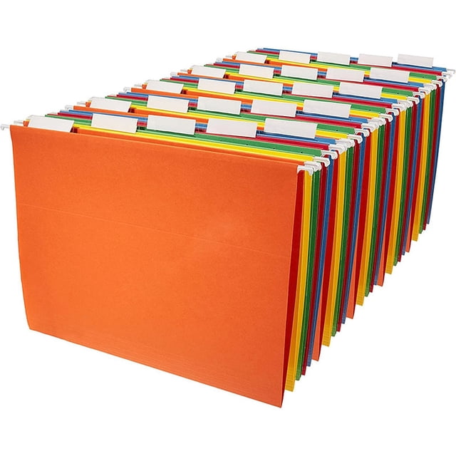Hanging Organizer File Folders, Plastic 9.25x11.77 inch hanging file folders in a random assortment of colours, designed for letter-size documents. The folders feature adjustable 1/5-cut tabs for customizable labeling and built-in hooks for easy hanging on file cabinet rails. Made from durable, water-resistant plastic, these folders are ideal for organizing bulky files, such as receipts or contracts, in office or home settings.