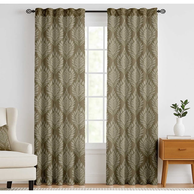 Vargottam Cotton Curtains for Windows - 3-in-1 Rod Pocket/Back Tab Short Window Drapes - Light Filtering Cotton Panels - Set of 2, 52"x63" - Leaf Block Pattern (Green)