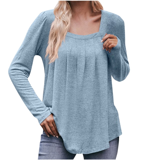 AherBiu Tuniques pour Femmes à Manches Longues d'Automne, Blouses à Encolure Carrée, Chic Décontracté, Froncées, Coupe Ample