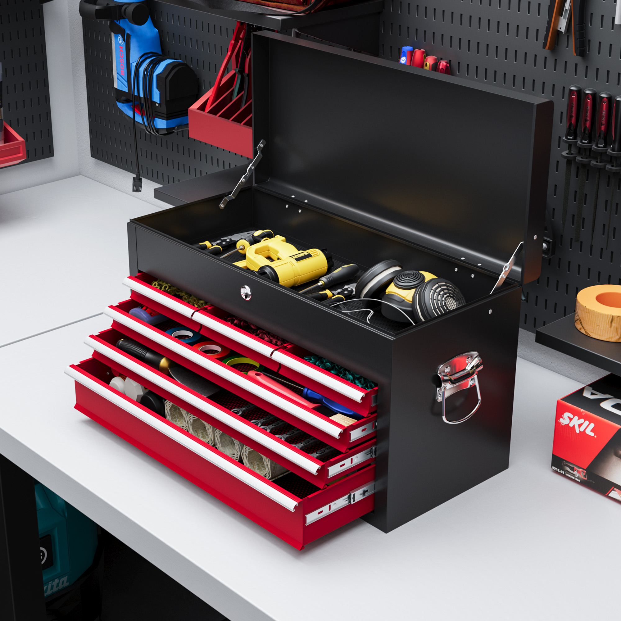 24” Steel Tool Chest with 6 Lockable Drawers & Top Case - Black/Red | Garage & Workshop Organizer with Ball Bearing Runners - 60x26x34cm