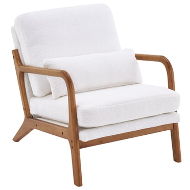 Ktaxon Fauteuil d'Appoint Mid-Century Modern, Fauteuil en Tissu Velours Teddy avec Cadre en Bois Massif Blanc