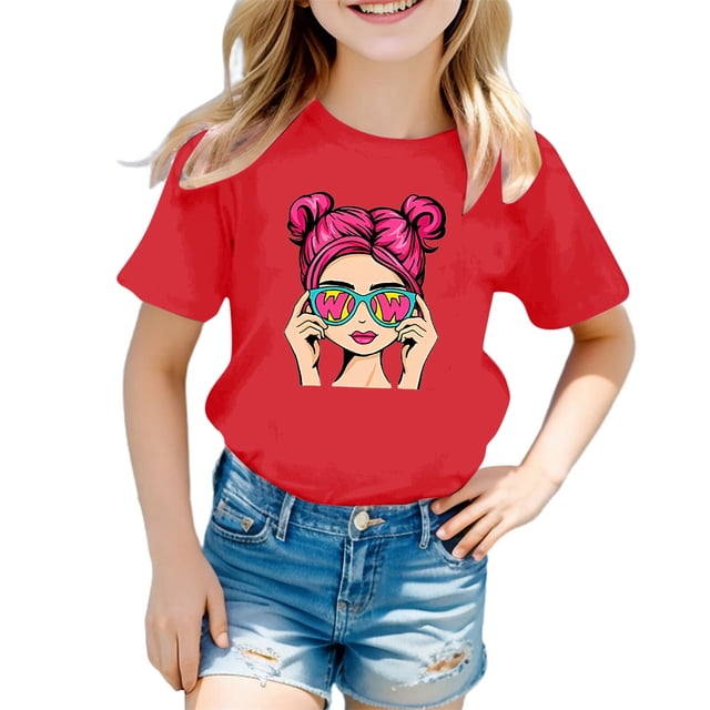 T-shirts et Chemises pour Filles - Adorable T-Shirt à Imprimé Graphique à Col Rond et Manches Courtes pour Filles, Tenue d'Été Décontractée, Mélange Respirant, Coutures Durables pour le Jeu Quotidien