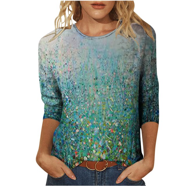 EQWLJWE Blouses à Manches Longues pour Femmes Hauts pour Femmes Liquidation T-shirt Imprimé de Mode pour Femmes Blouse à Manches 3/4 Col Rond Hauts Décontractés