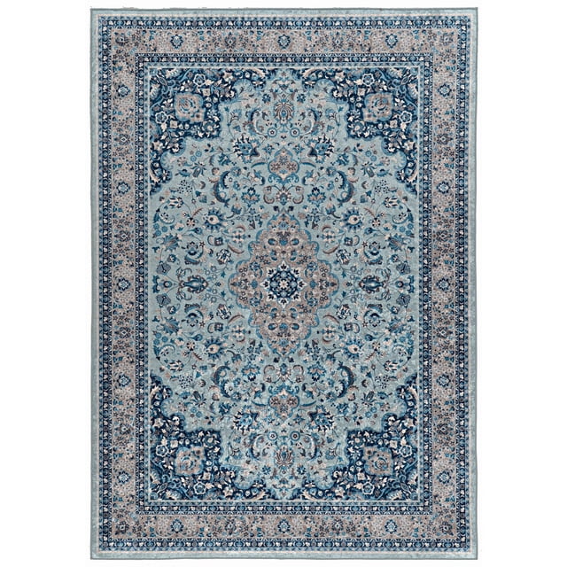 Emerald Myer Ivory & Gold 5' x 7' area rug with low pile and detailed traditional floral medallion pattern in blue, ivory, and gold. Features serged edges, silky finish, and easy-care polyester construction, ideal for high-traffic indoor spaces.