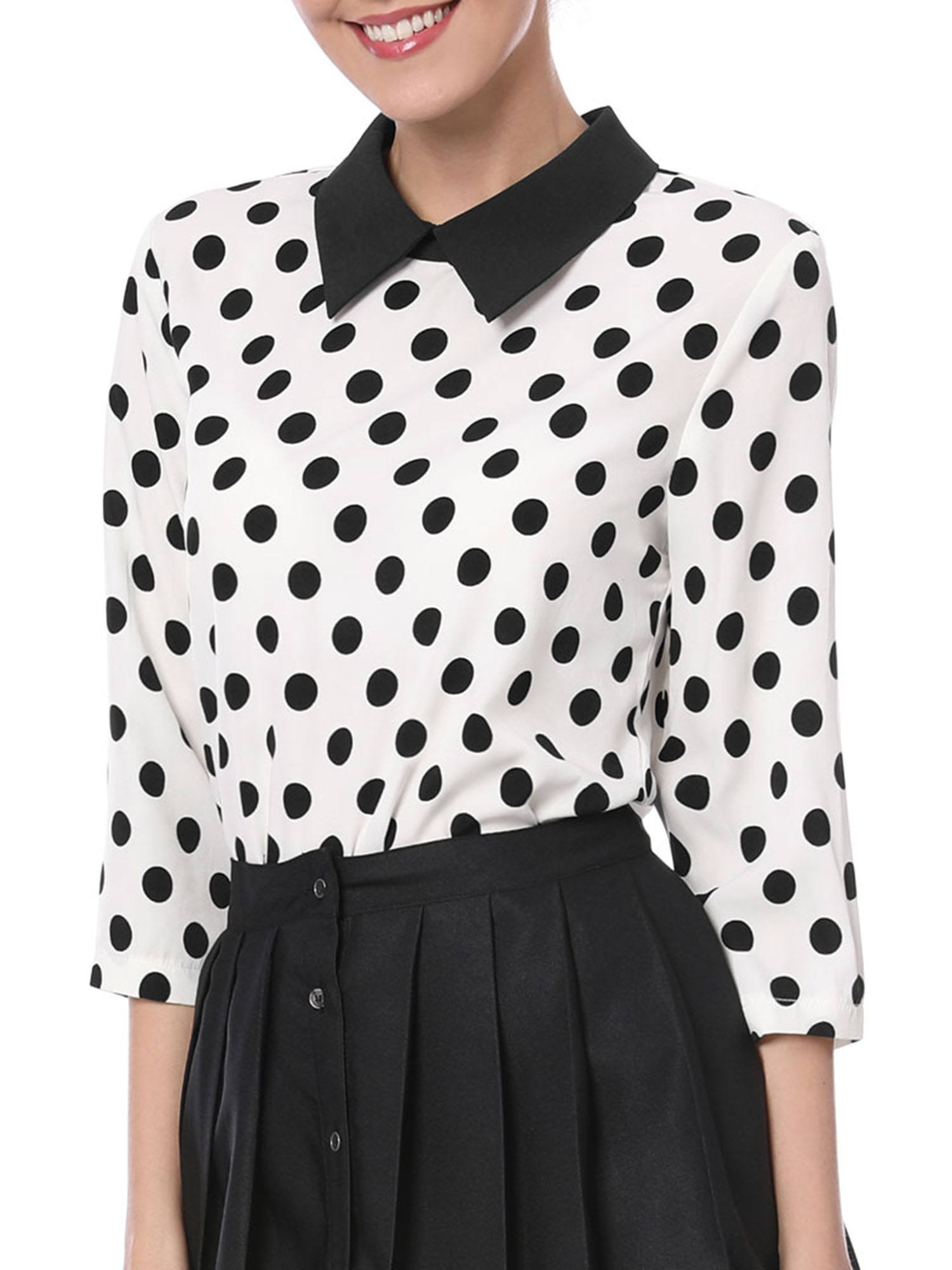 INSPIRE CHIC Blouse à Col Peter Pan Contrastant pour Femmes, Rentrée Scolaire, Manches 3/4, Chemises, TG, Blanc