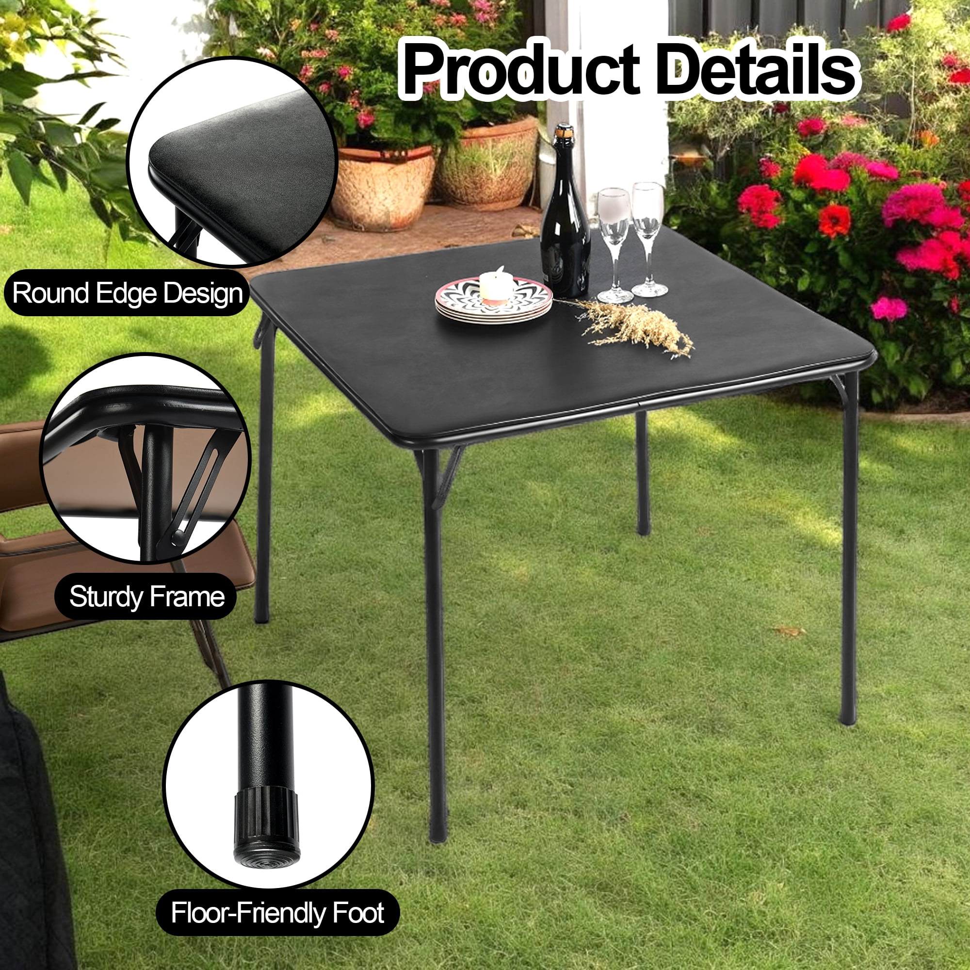 Homy Casa Table pliante carrée de 33,9 po pour 4, table de jeu et repas noire portable avec dessus en PVC et cadre en métal