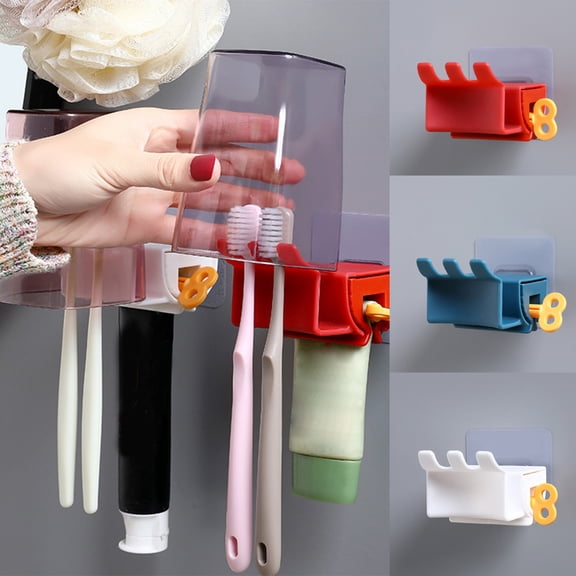 Aofa Dual Automatic Toothpaste Dispenser Squeezer Hands Free Toothpaste Squeezer Wall Mount Built-in 2 Toothbrush Holder Slots, Come with 1 Mouth Cups Organizer Box Storage