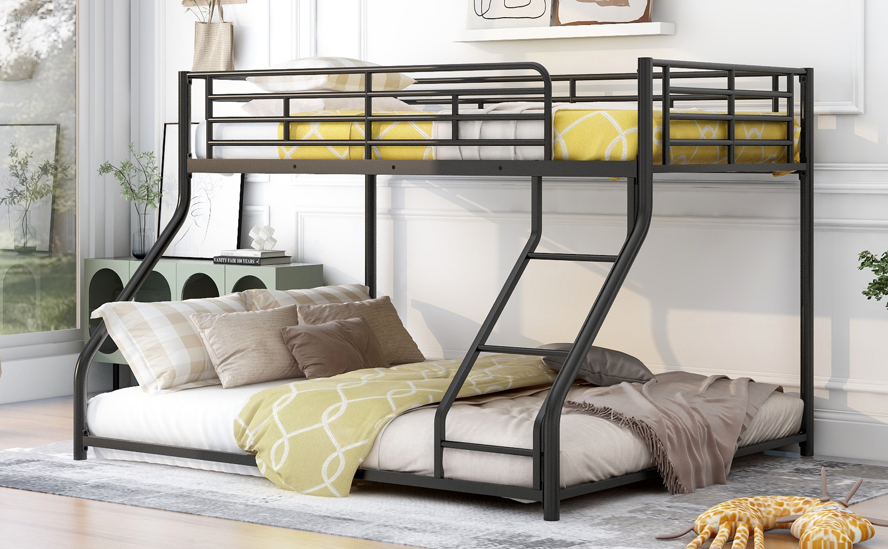 Noble House Full XL Over Queen Metal Bunk Bed,Black Industrial Frame with Guardrails & Slats,Black