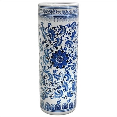 Oriental Furniture 24" Floral Umbrella Stand in Blue and White
