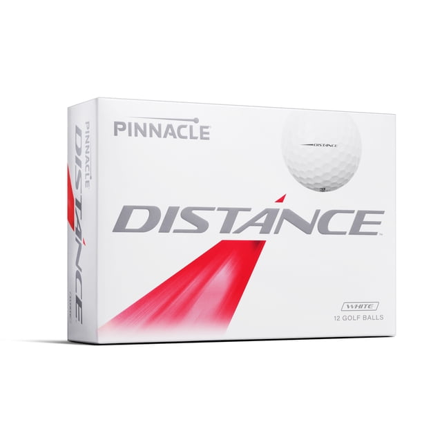 Pinnacle Distance Golf Ball box with white packaging, silver 'DISTANCE' lettering, and a red streak design, containing 12 white golf balls engineered with a proprietary high-energy core for maximum distance and consistent penetrating ball flight.