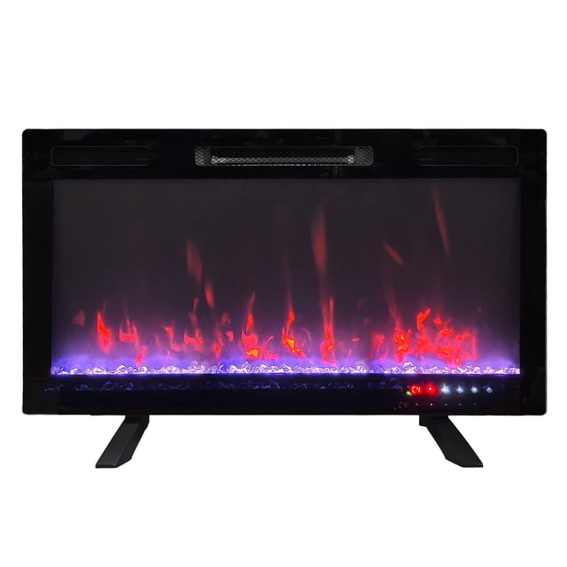 ActiveFlame Mirage 2 Electric Fireplace, 36IN, front-facing rectangular black electric fireplace insert with glowing red and purple flame effects over illuminated crystal ember bed, supported by two angled legs, featuring visible control panel lights on the lower right, suitable for recessed, wall-mounted, or freestanding use.