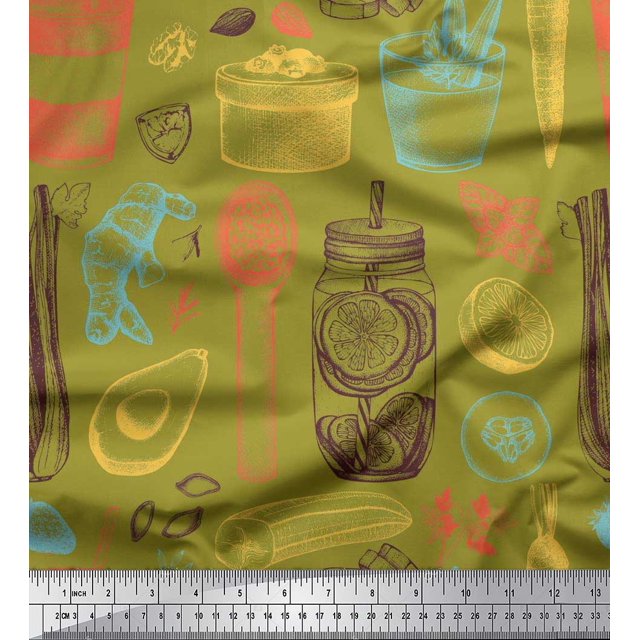 Soimoi polyester Crepe Fabric Vegetables,Jar & Cups Printed Fabric 1 Yard 42 Inch Wide