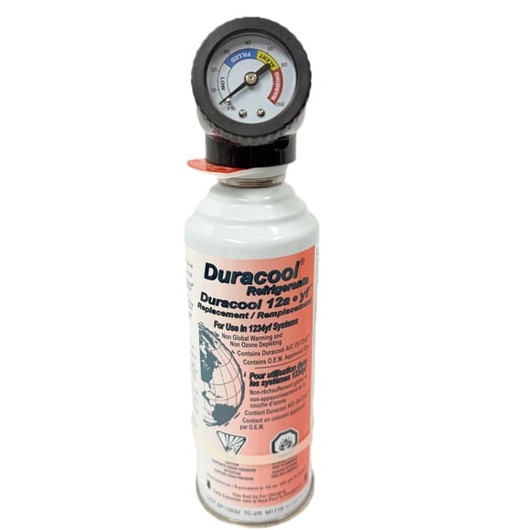 Le DURACOOL® 12a-yf pour climatisation mobile (A/C), bidon de 8 oz. avec robinet de bidon de style torsadé assemblé, tuyau de charge et jauge, permet une installation rapide sans assemblage, pour les