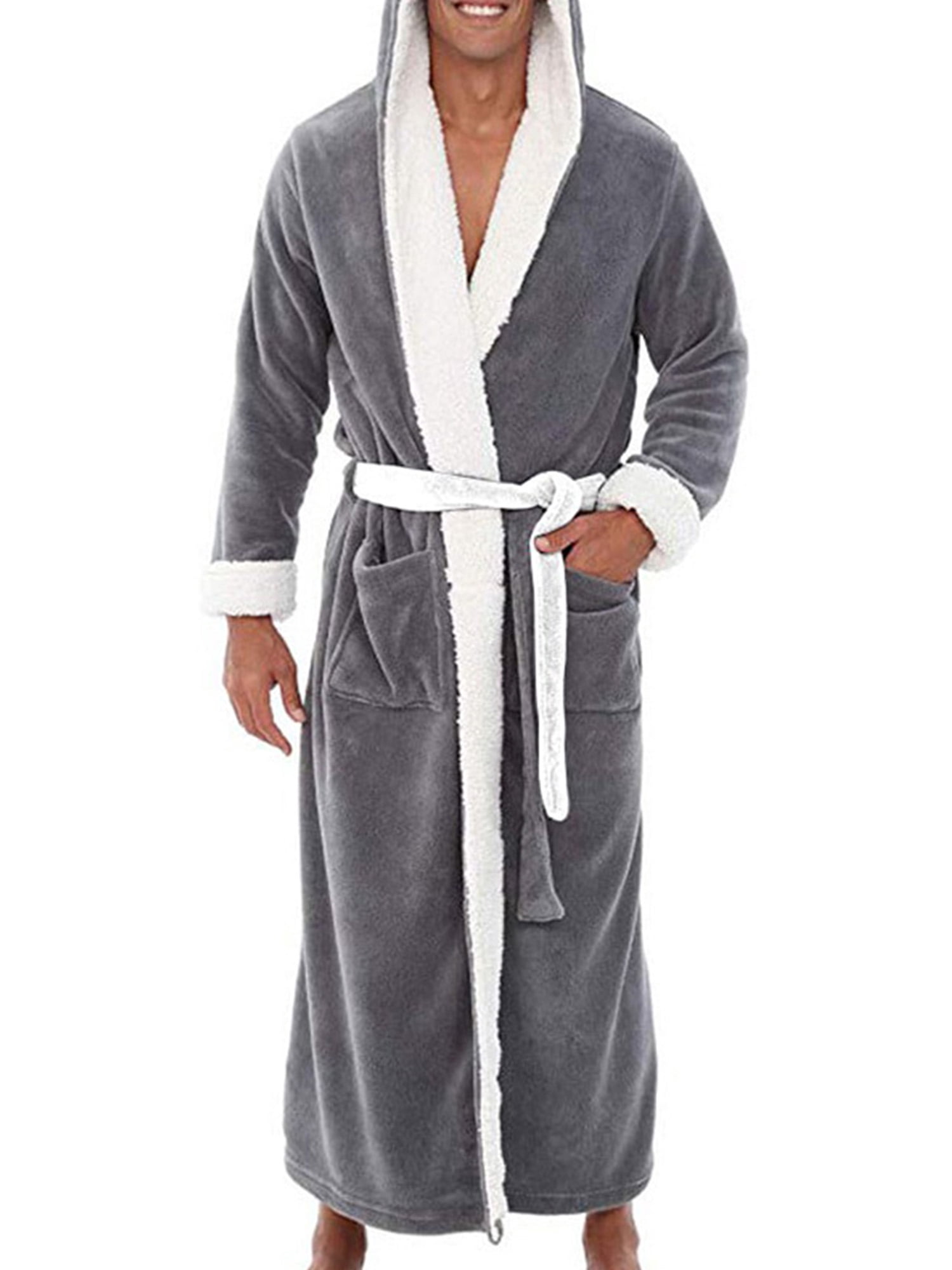 MAWCLOS Men Wrap Robe Long Sleeve Dressing Gown Solid Color Bath Robes Warm Night Hooded Towelling Gray White 5XL