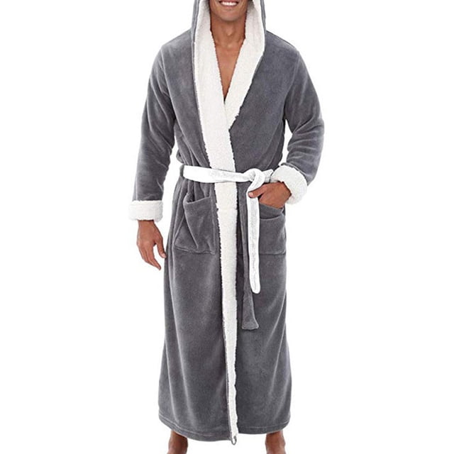 Innerwin Dressing Gown Solid Color Men Wrap Robe Home Hooded Thicken Plush Bath Robes Gray White XL