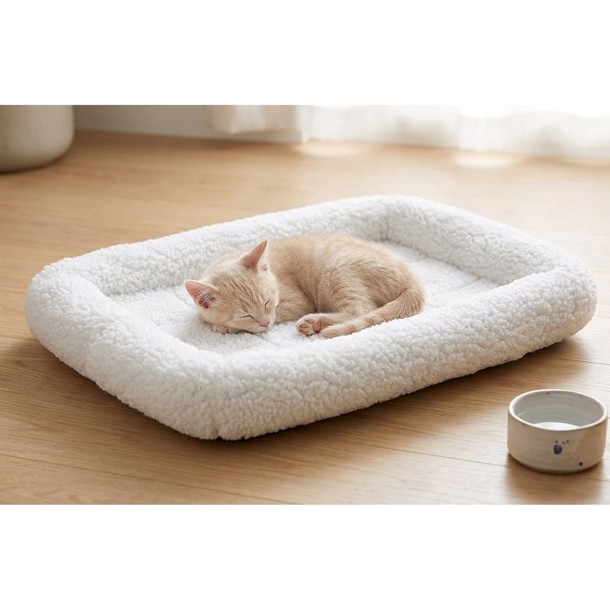 Toytexx White Fleece Pet Bed for Cats and Small Dogs, Plush Bolster Crate Bed, Washable Rectangular Sleeping Mat, 21.75 x 15 x 2 in