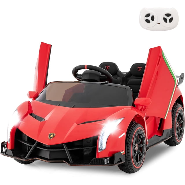 OLAKIDS 2 Seater Kids Ride on Car, a 12V 4WD Licensed Lamborghini Veneno electric vehicle in red with hydraulic doors open, LED headlights, and a sleek design. Features include adjustable speeds, rocking mode, MP3 compatibility, and a remote control for parental guidance. The car has a spacious two-seater design with seat belts, shock-absorbing wheels, and a weight capacity of 66 lbs. Suitable for children aged 3-8 years.