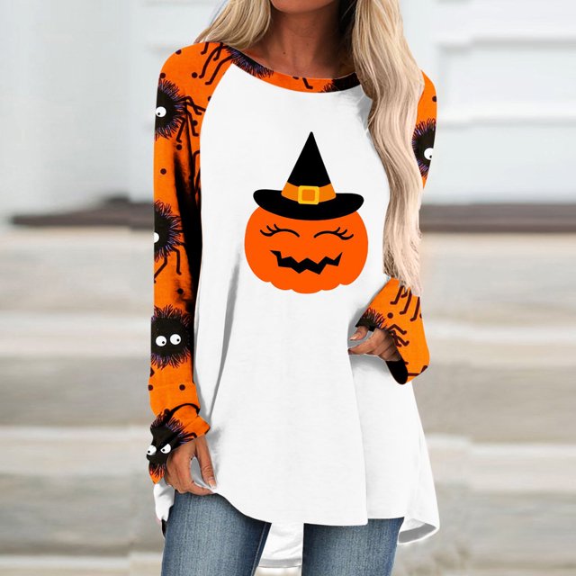 Costumes d'Halloween pour Femmes 2023 en Liquidation Surdimensionnés Femmes Décontracté Manches Longues Col Rond Hauts Blouse Ample Imprimé d'Halloween