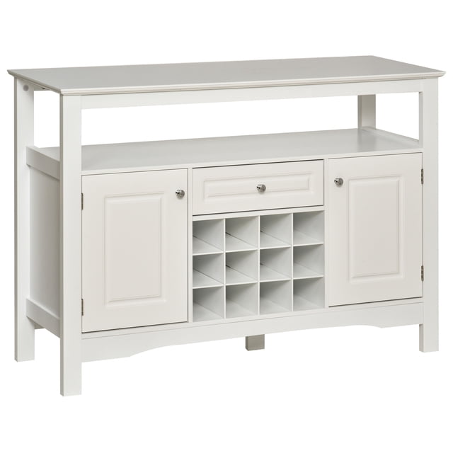 HOMCOM Buffet Bahut Credenza Armoire de Rangement avec Tiroir Casier à Vin en Blanc. Comprend un Comptoir Spacieux, une Tablette Ouverte, un Tiroir Utilitaire, Deux Armoires avec Portes et un Casier à Vin Inférieur avec Plusieurs Compartiments. Fait de MDF P2 Laqué Uni, Il Est durable, Imperméable et Facile à Nettoyer. Dimensions : 45,9 Pouces de Large, 15,7 Pouces de Profondeur et 32,5 Pouces de Hauteur. Convient pour Organiser des Articles de bar, Offrir un service de Buffet Ou comme Bahut de Rangement dans les Espaces de Salle à Manger Ou de Cuisine