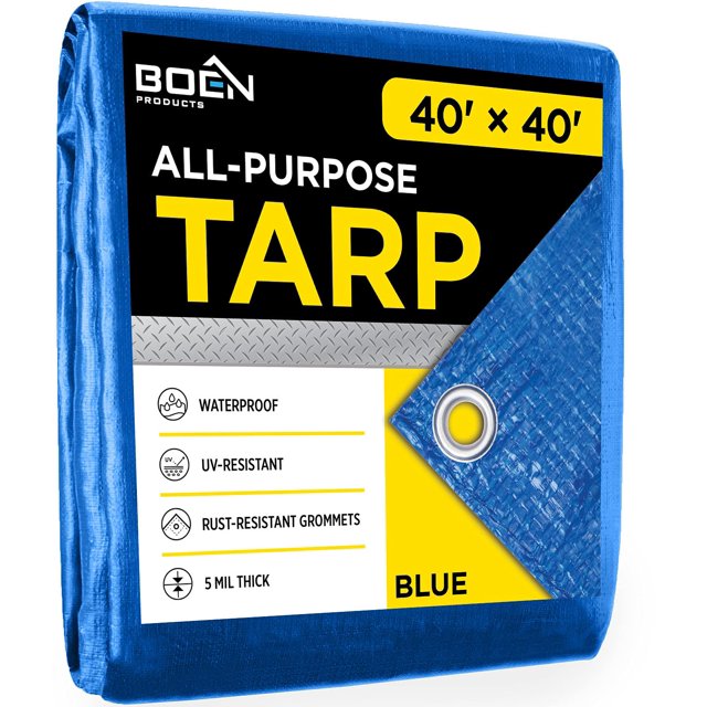 Multi-Purpose Large Tarp Waterproof Cover | Blue 40' x 40' 5 Mil Thick | Rip Proof Tarps | Thick Weave Material UV Resistant Great for Tarpaulin Canopy Tent Boat RV or Pool Cover