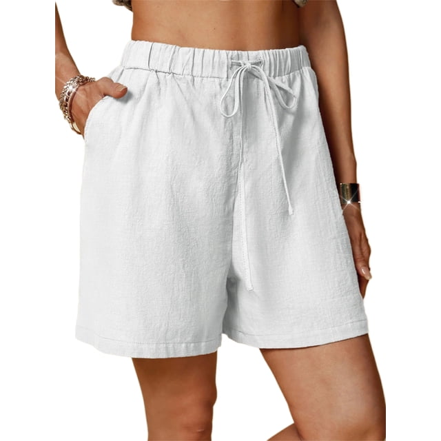 Fashnice Ladies Shorts Elastic Waist Hot Pants Bermuda Mini Trousers Baggy Work Short White XL. These women's casual summer shorts feature a high-waist design with an elastic waistband and drawstring for a comfortable fit. Made from 65% cotton and 35% polyester, the fabric is soft and breathable. The shorts include two side pockets and are above-knee length, ideal for casual, beach, or sports occasions. Shown in solid white color, size XL.