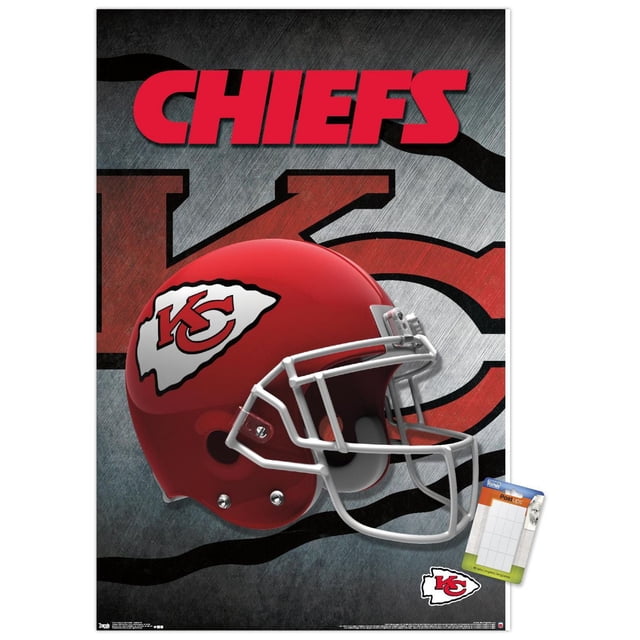 NFL Kansas City Chiefs - Affiche Murale de Casque 16, 22,375 Pouces x 34 Pouces Montrant un Profil Latéral d'Un Casque de football des Kansas City Chiefs Rouge avec un Masque Blanc et le logo Rouge et Blanc à Pointe de Flèche de l'Équipe, sur Fond Métallique Texturé avec un Grand logo des Chiefs et un Texte Rouge « Chiefs » Audacieux, Imprimé sur du Papier d'Affiche Lustré, Convient à la Décoration de Chambre de fan Ou de Fête.