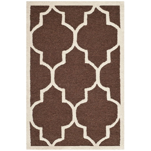 Safavieh Cambridge Kevin Geometric Area Rug featuring a hand-tufted wool construction with a brown background and off-white geometric trellis pattern in plush cut and loop pile, ideal for adding modern American style to home or office decor and often used as a decorative floor accent.