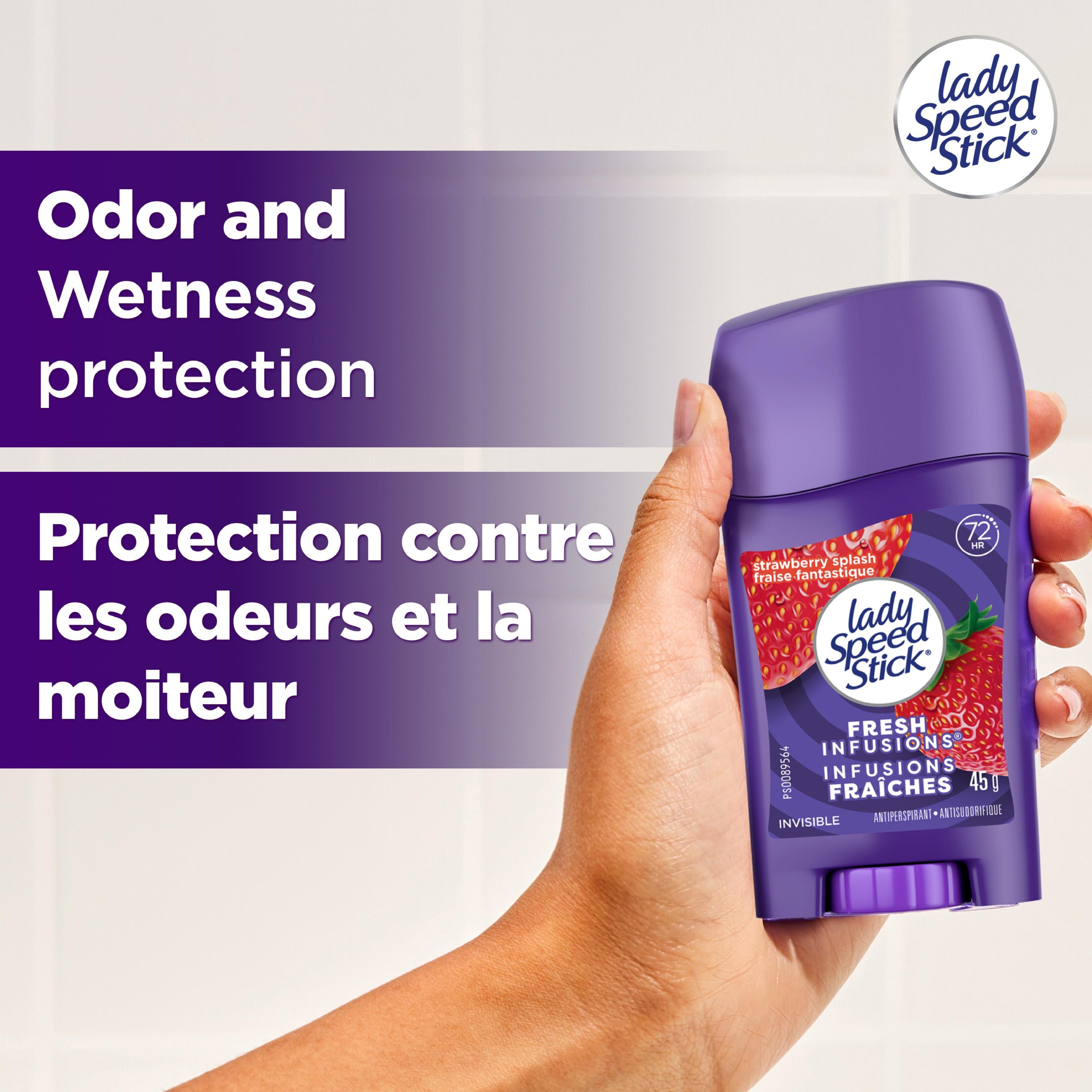 Déodorant antisudorifique Lady Speed Stick Fresh Infusions pour femmes, protection de 72 heures contre les odeurs et la transpiration, Invisible Dry, parfum Fraise fantastique, bâton de 45 g