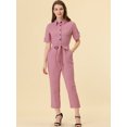 thumbnail image 3 of Unique Bargains Combinaison Pantalon pour Femme à Col Rabattu, Boutonnée, Taille à Nouer, Rose, TG, 3 of 5