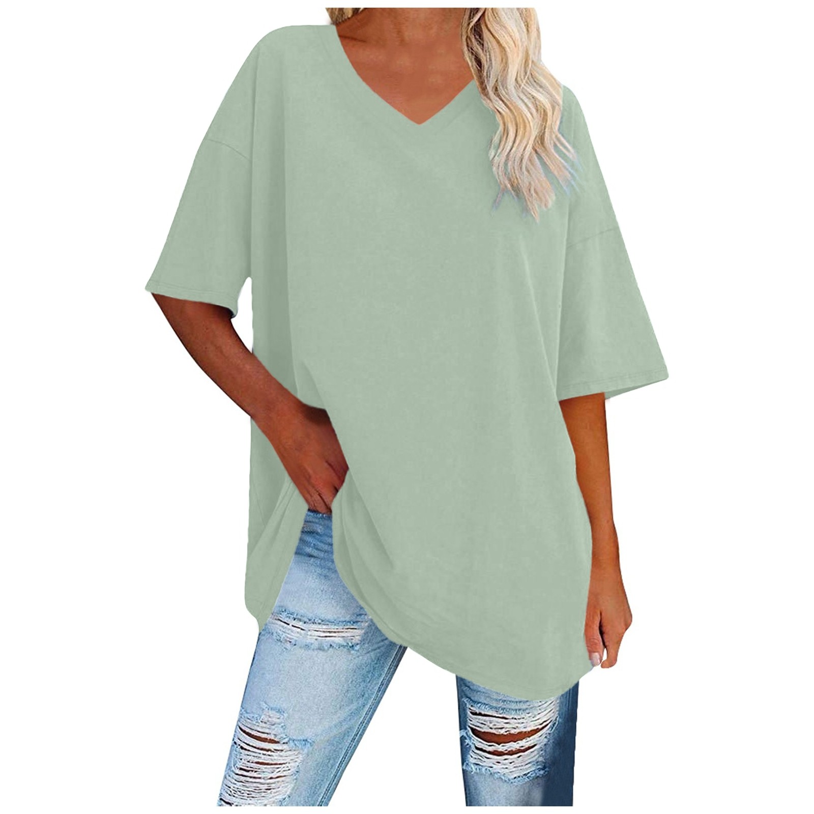 WEIYLL Womens T-Shirts Ladies Basic Solid Color V Neck Short Sleeve Light Green Tees Sizes XXL