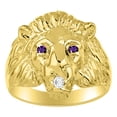 thumbnail image 1 of RYLOS Lion Head Ring with Gemstone Eyes & Diamond Mouth – Fun Designer Rings in Yellow Gold Plated Silver Amethyst Size 13, 1 of 7