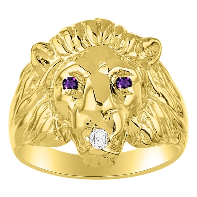 RYLOS Lion Head Ring with Gemstone Eyes & Diamond Mouth – Fun Designer Rings in Yellow Gold Plated Silver Amethyst Size 13