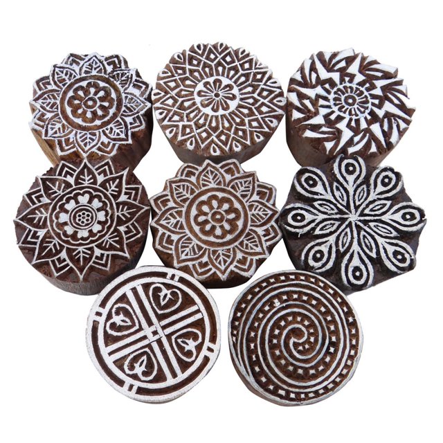 Lot Of 8 Pcs Indian Wooden Textile Stamps Hand Carved Printing Block Brown Stamp