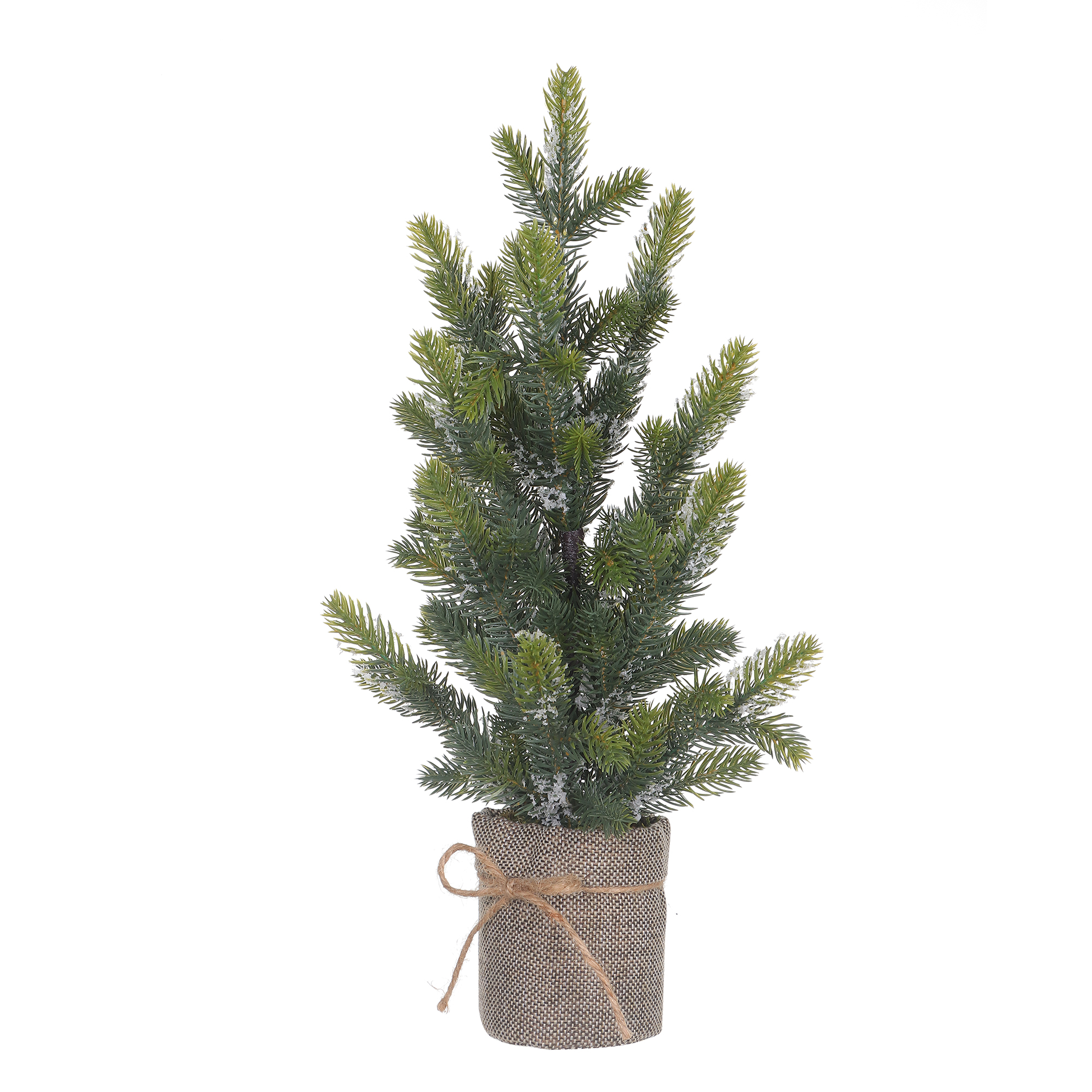 HOLIDAY TIME 18 Inch Flocked Mini Burlap Base Christmas Tree, 55% PP 15% Iron 5% Polystyrene Foam 20% Cement 5% Fabric Tabletop Decor