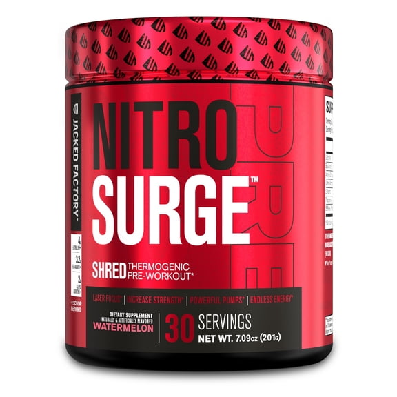 NITROSURGE Shred Thermogenic Pre Workout Supplement - Energy Booster, Instant Strength Gains, Sharp Focus, Powerful Pumps - Nitric Oxide & PreWorkout Powder - 30 Servings, Watermelon