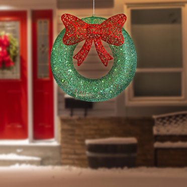 Northlight 24" LED Lighted Green Glitter Wreath with Red Bow Outdoor Christmas Decoration