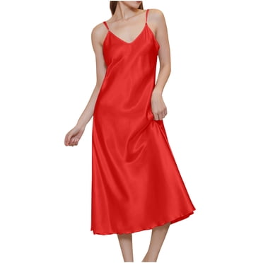 Cameland V Neck Silk Nightgowns for Women Sexy Satin Chemise Lingerie Sleepwear Silk Slip Nightdress Elegant Spaghetti Strap Midi Dress