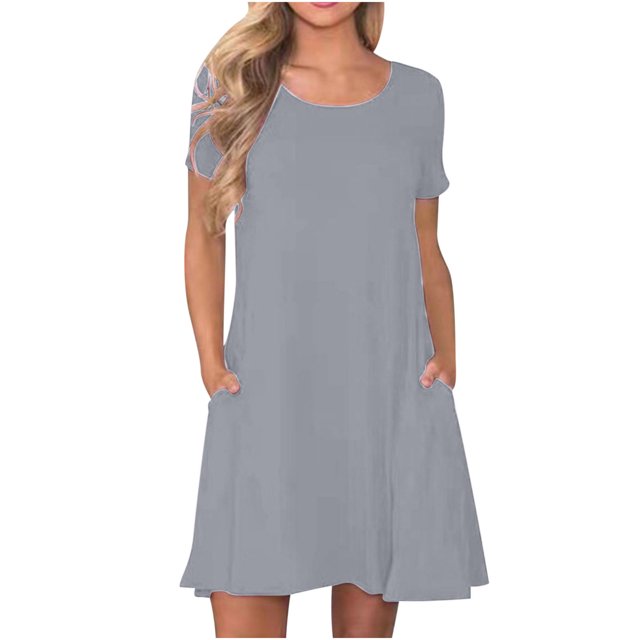 Ovzne Robes d'Été pour Femmes 2025 Robe pour Femme Mode Femmes Été Décontractée Col Rond Manches Courtes Robe Mini Unie Robe de Vacances Manches Courtes Liquidation